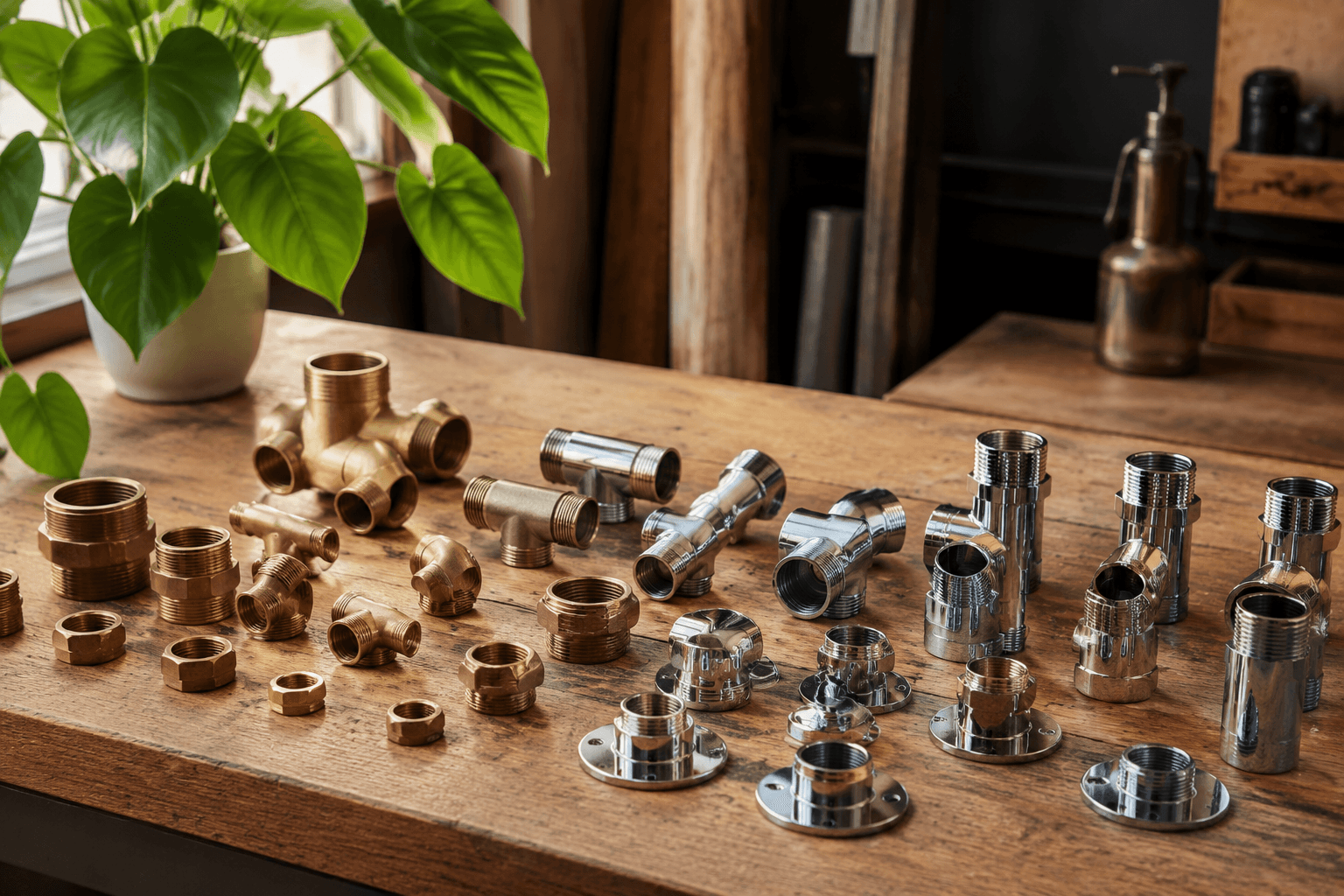 Workshop bench with plumbing fittings