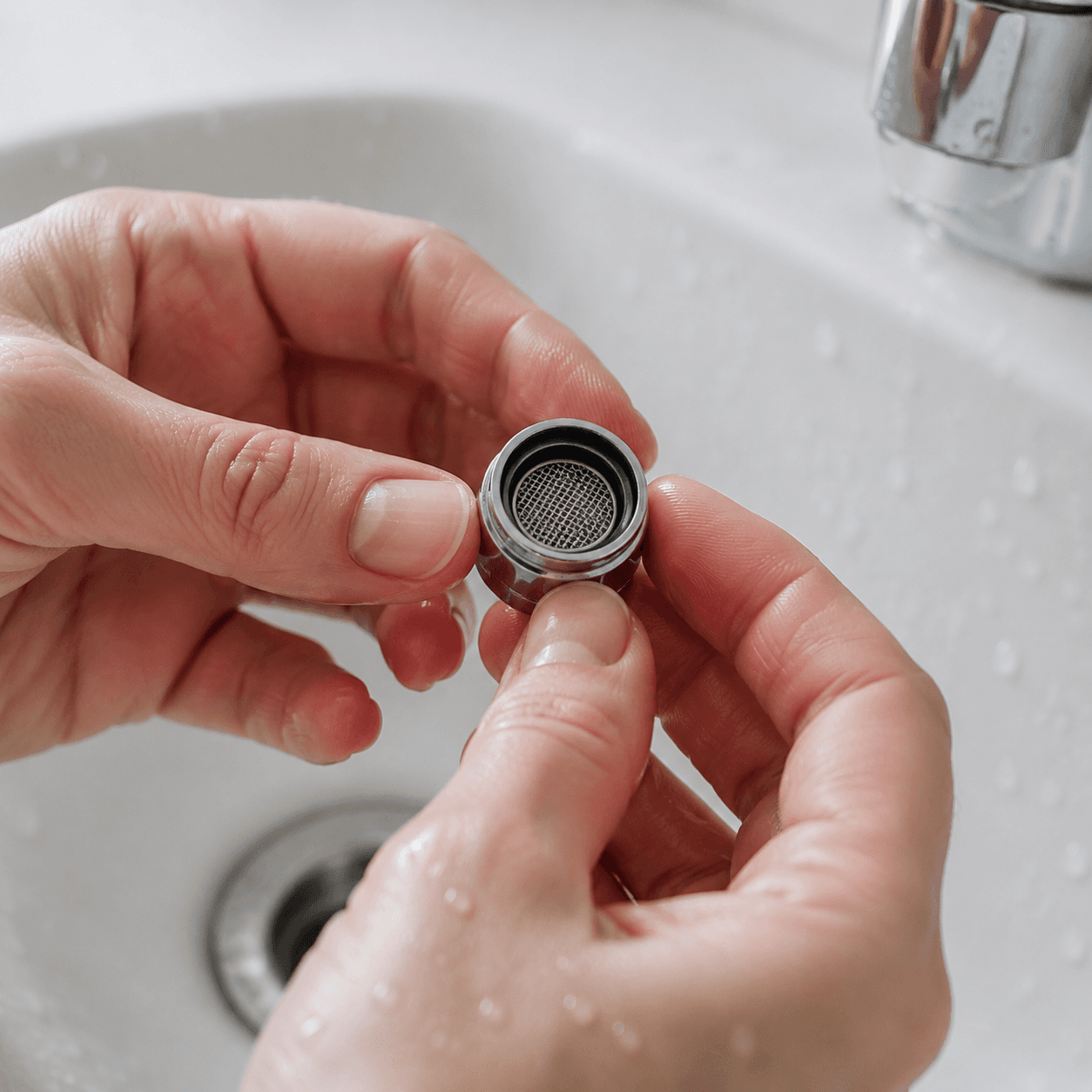 Hands holding a faucet aerator