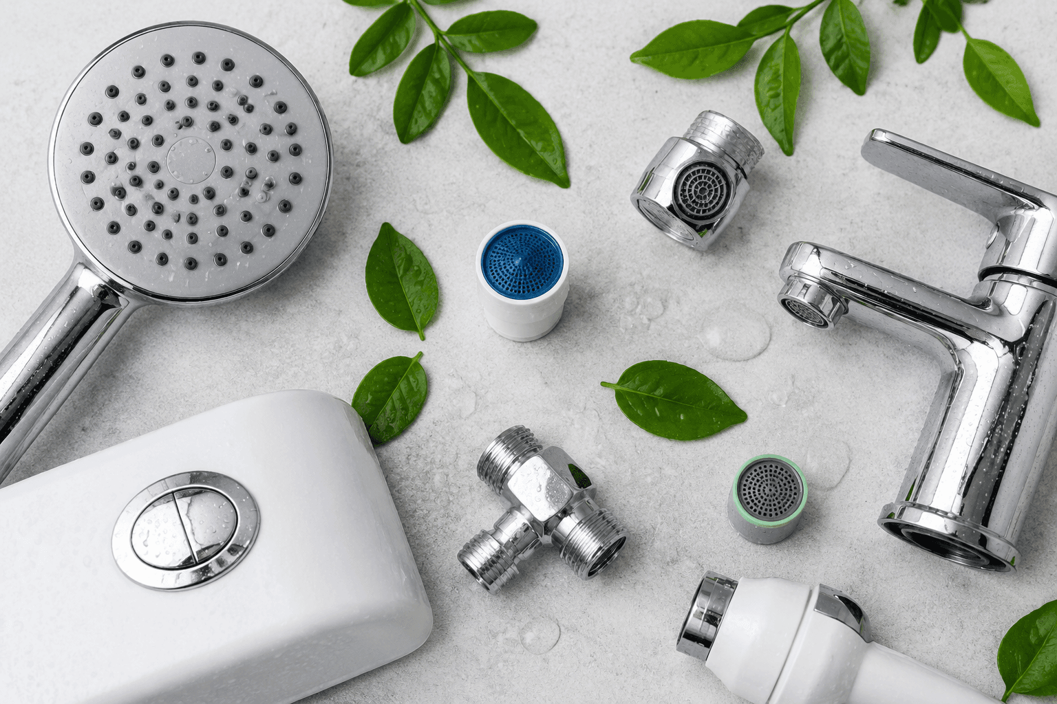 Water-saving fittings flat-lay